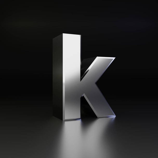 Chrome letter K lowercase. 3D render shiny metal font isolated on black background - Fotografie, Obrázek