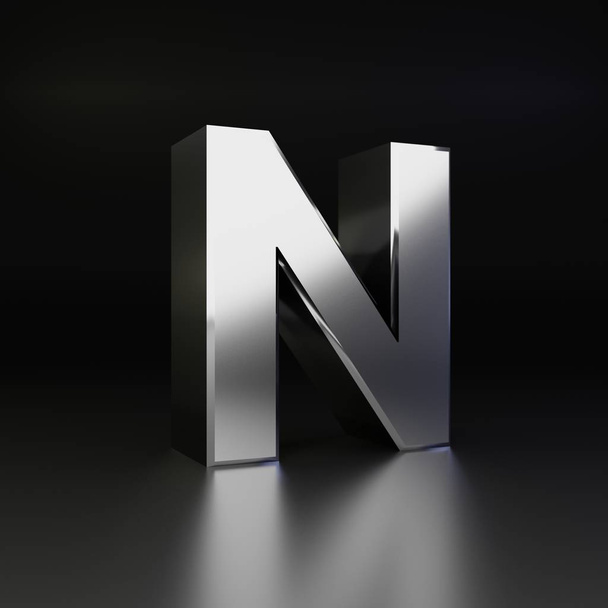 Chrome betű N nagybetűs. 3D render fényes fém betűtípus elszigetelt fekete háttér - Fotó, kép