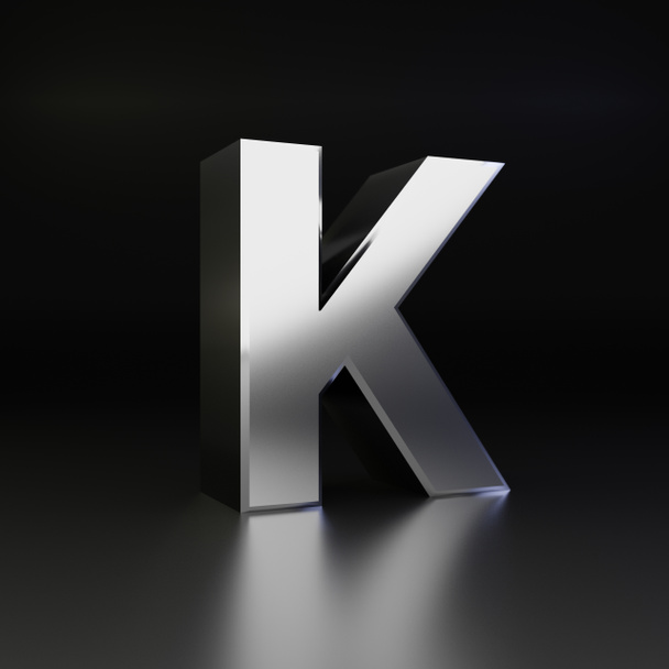 Chrome letter K uppercase. 3D render shiny metal font isolated on black background - Foto, Imagen