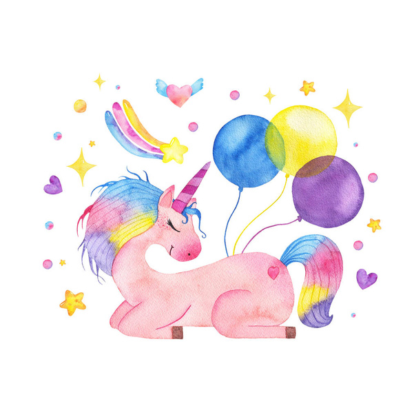 Υδατογραφία χαριτωμένο μαγικό ροζ μονόκερος με μπαλόνια, ουράνιο τόξο και αστέρι απομονωμένη - Φωτογραφία, εικόνα