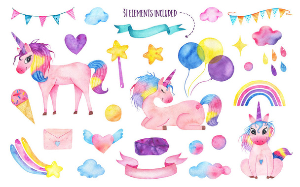 Ensemble de licornes magiques mignons aquarelle avec arc-en-ciel, ballons, baguette magique
 - Photo, image