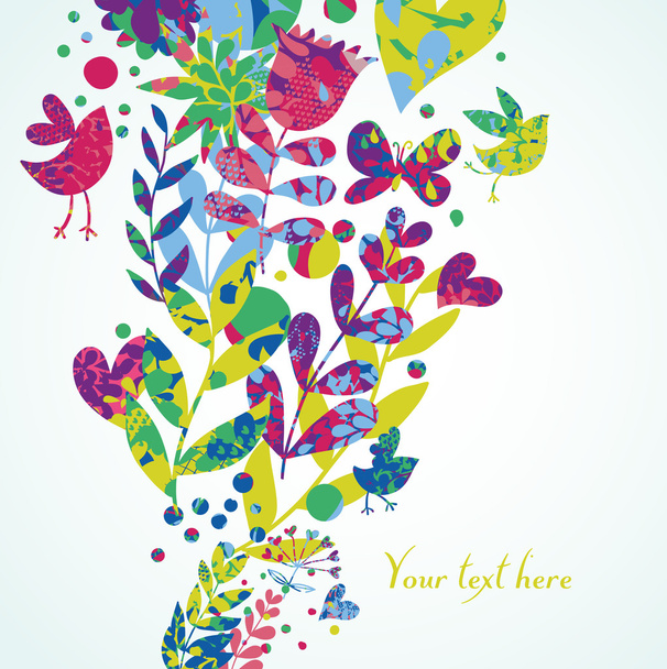 Colorful floral background with butterflies, birds and hearts - Vector, Image