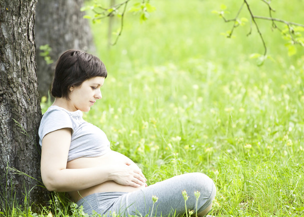 Mulher grávida relaxante no parque
 - Foto, Imagem