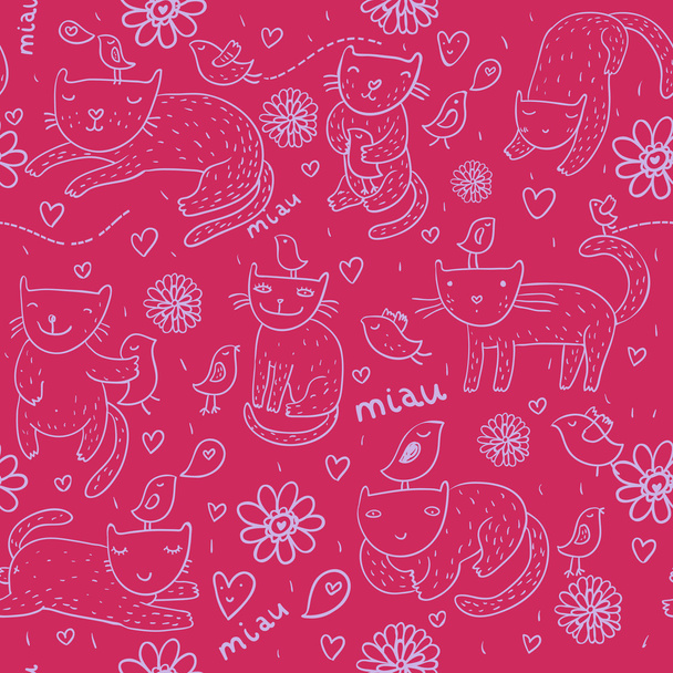 Bright children pattern with cats, birds and spring flowers on it in vector - Vector, Imagen