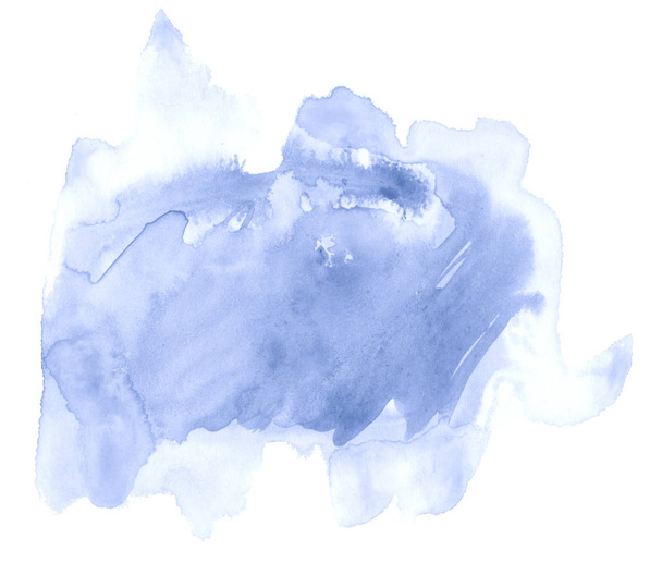 Blue pastel watercolor hand-drawn isolated wash stain on white background for text, design. Abstract texture made by brush for wallpaper, label.; - 写真・画像