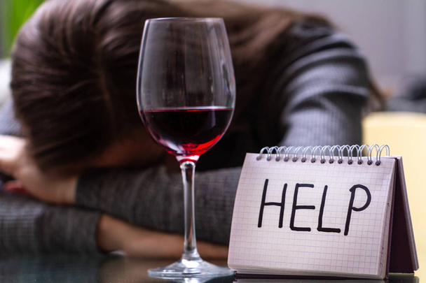 Female alcoholism concept. Alcohol addiction treatment. Quit booze and alcoholism. Help addicted people. Social and life problems  - Fotó, kép
