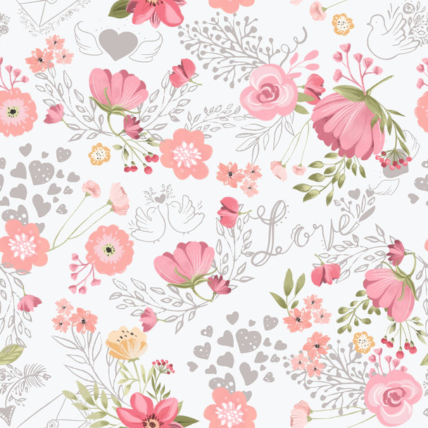 Beautiful seamless tileable pattern with watercolor flowers, love pigeons and hearts background - 写真・画像