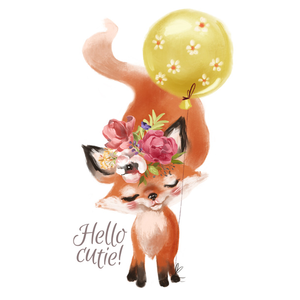 Cute hand drawn fox with floral wreath and balloon on white background - Photo, Image