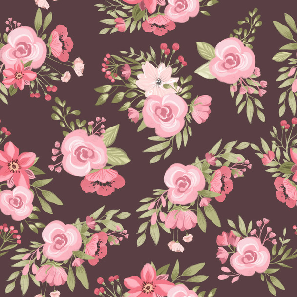 Beautiful seamless tileable pattern with watercolor flowers on brown background - Foto, Imagen