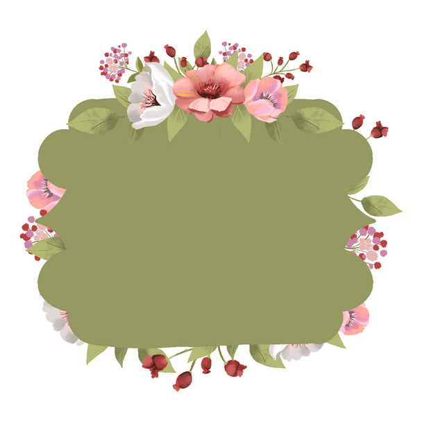 Watercolor floral frame teal with vintage rose flowers arrangement - Zdjęcie, obraz