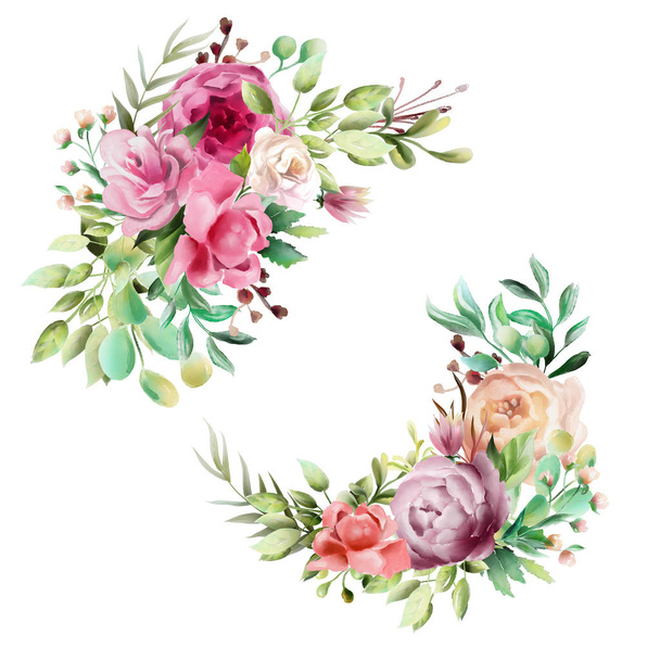 Beautiful watercolor floral whimsical wreath frame, fantasy wedding arrangement isolated on white - Foto, Imagen