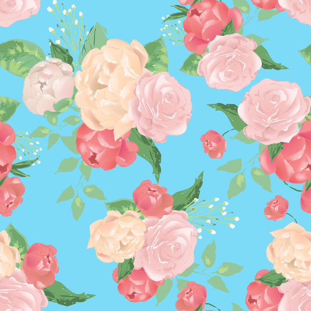 Beautiful vintage peonies flowers, floral seamless pattern on blue background - Vettoriali, immagini