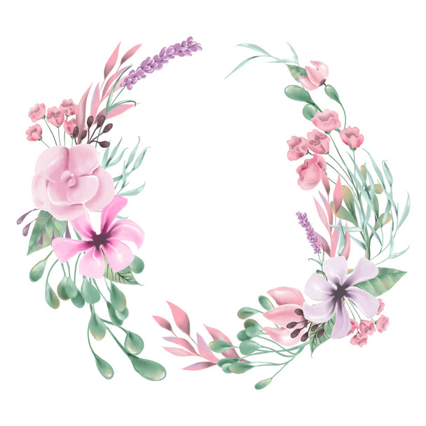 Beautiful round wreath frame with flowers on white background - Foto, Imagen