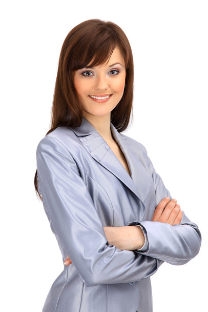 Positive business woman smiling over white background - Foto, afbeelding