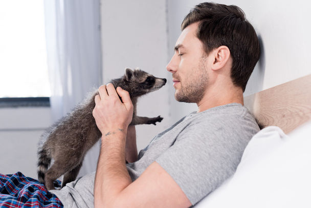 przystojny człowiek przytulanie ze śmiesznym Raccoon w sypialni w domu - Zdjęcie, obraz