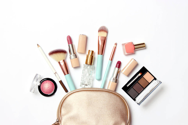 professional makeup tools. Products for makeup on a white background top view. A set of various products for makeup. - Photo, image