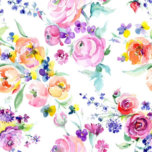 Pink rose bouquet floral botanical flowers. Watercolor background illustration set. Seamless background pattern. - Photo, Image