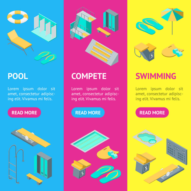 Swimming Pool Elements 3d Banner Vecrtical Set Isometric View. Vector - Wektor, obraz