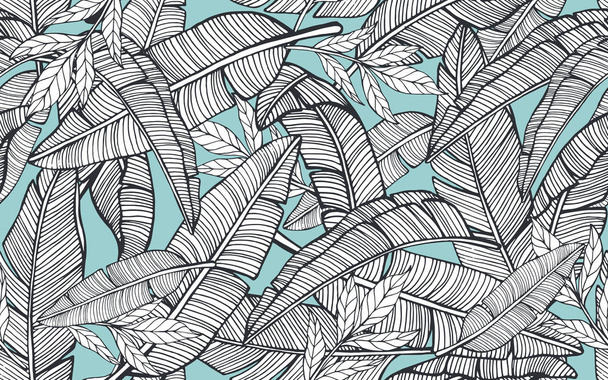 Seamless tropical pattern with banana leaves. Hand drawn vector - Vecteur, image
