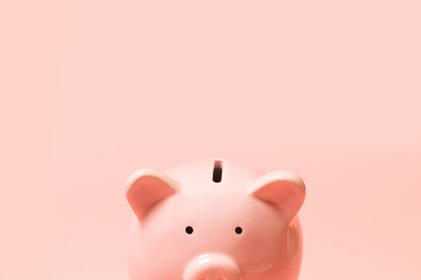 roze piggy bank geïsoleerd op een witte achtergrond, zijaanzicht - Foto, afbeelding