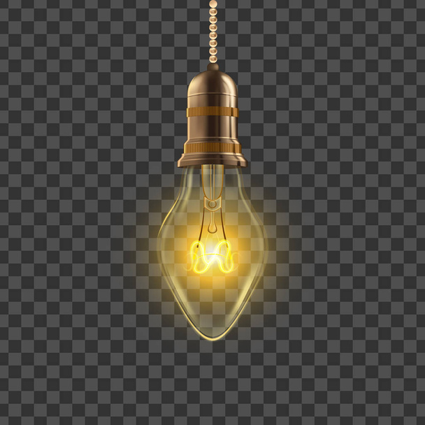Light Bulb Vector. Power Object Light Bulb. Antique Cable. 3D Realistic Transparent Illustration - Вектор, зображення