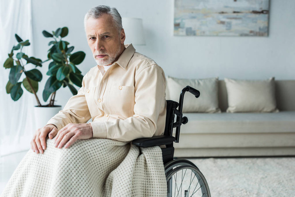 sad disabled retired man sitting in wheelchair and looking at camera - Foto, immagini
