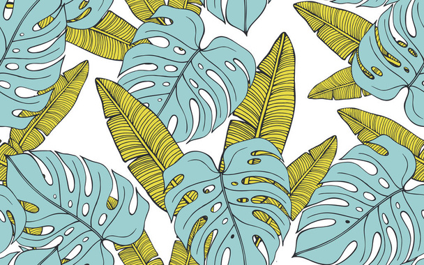 Naadloze tropische patroon met bananenbladeren en monstera. Hand getekende vector - Vector, afbeelding