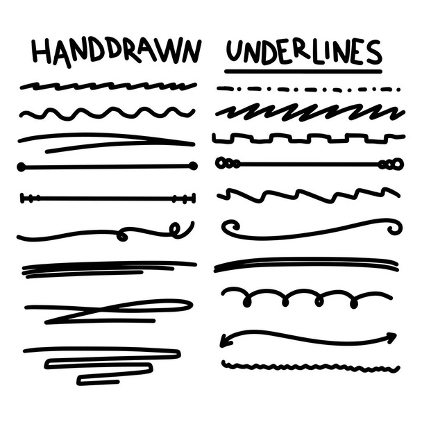 Handmade Collection Set of Underline Strokes in Marker Brush Doodle Style Various Shapes - Vector, Image