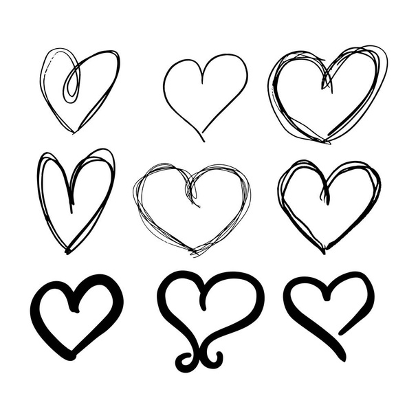 9つの手を描いた心のセット。白地に描かれた手描きのラフマーカーハート。グラフィックデザインのベクトルイラスト  - ベクター画像