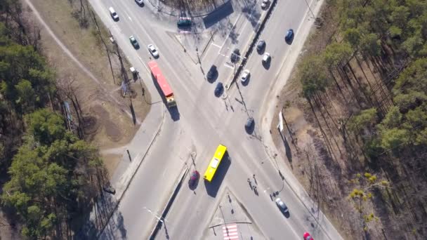   4K  Aerial. Fly over road intersection with car traffic. Top view - Footage, Video