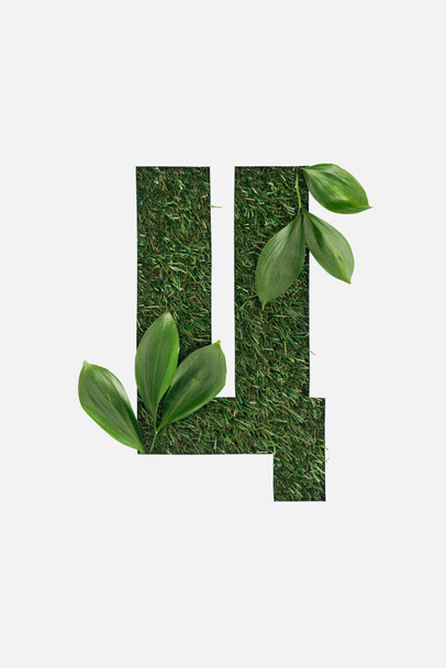 top view of cyrillic letter made of grass with fresh green leaves isolated on white - Фото, зображення