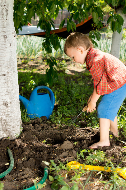 Маленький мальчик делает дыру под деревом
 - Фото, изображение