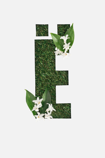 top view of cyrillic letter with natural grass on background and white spring flowers with green leaves isolated on white - Foto, Imagem