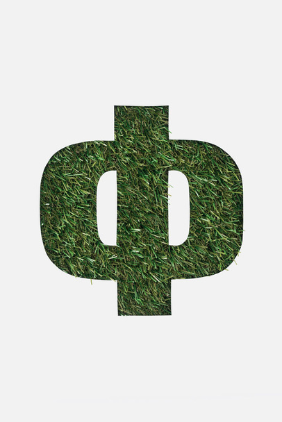 top view of cut out cyrillic letter with green grass on background isolated on white - Photo, Image