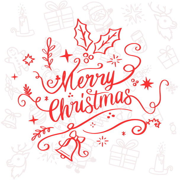 Handdrawn Merry Christmas Lettering Typography Greetings Card - Vetor, Imagem