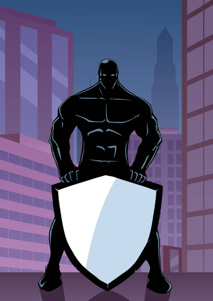 Superheld Shield in stad verticaal houden - Vector, afbeelding