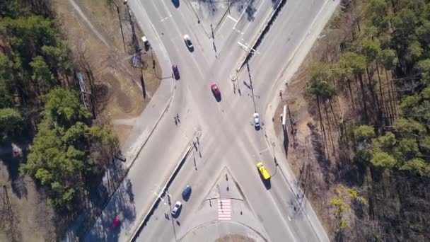   4K  Aerial. Vertical fly over road intersection with car traffic. Top view - Footage, Video
