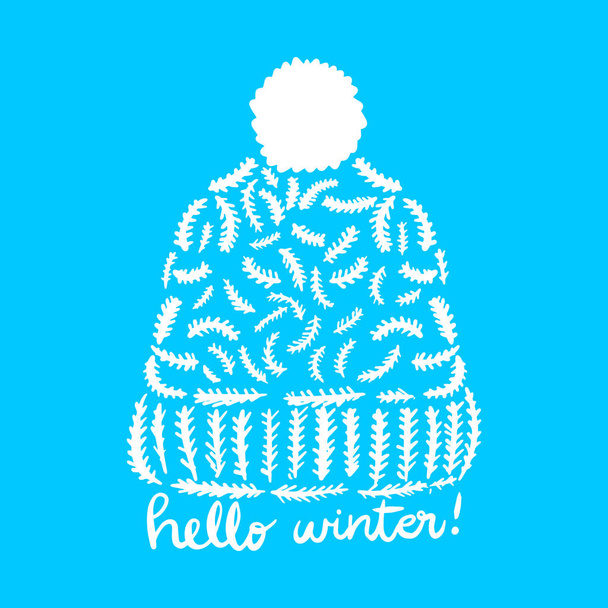 Hello Winter Warm Hat made from Branches Decorative Greeting Card Lettering - Vector, Imagen