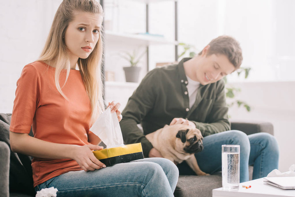 selective focus of upset blonde woman allergic to dog holding tissue box near man with pug  - Foto, Imagem