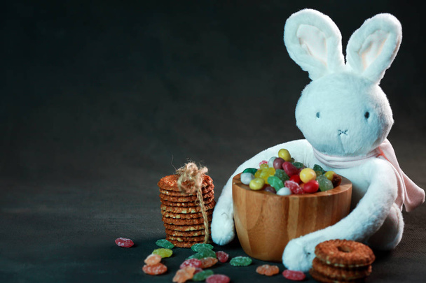 soft white rabbit in the studio with sweets and cookies - Fotoğraf, Görsel