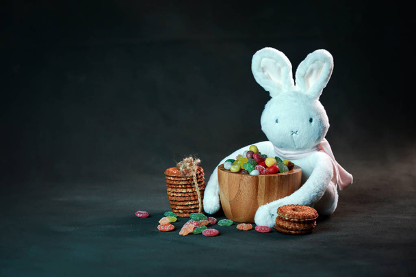 morbido coniglio bianco in studio con dolci e biscotti
 - Foto, immagini