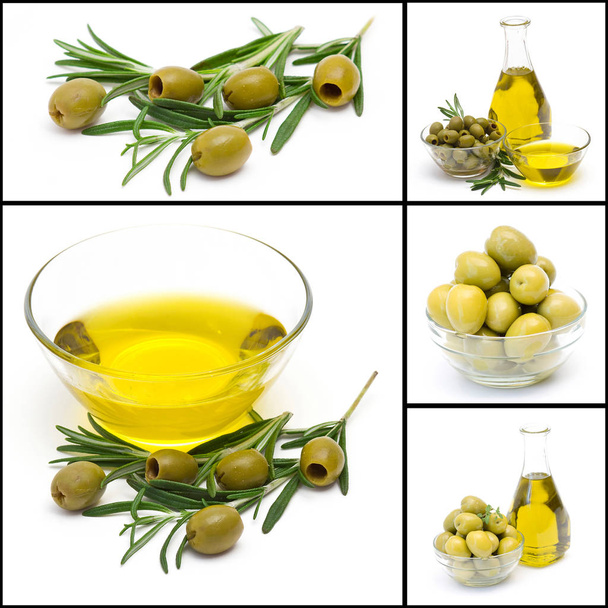 a collage of five pictures of many olives and olive oil - Photo, Image