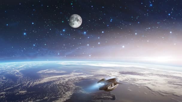 3D gerenderde beelden met aarde met maan en ruimteschip - Video