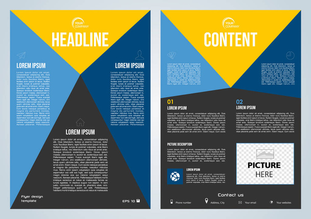 Vector flyer, corporate business, annual report, brochure design and cover presentation with blue and yellow triangles. - Vector, Image