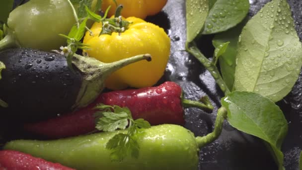 Verduras, berenjena y pimienta en una superficie oscura en gotas de agua
 - Imágenes, Vídeo