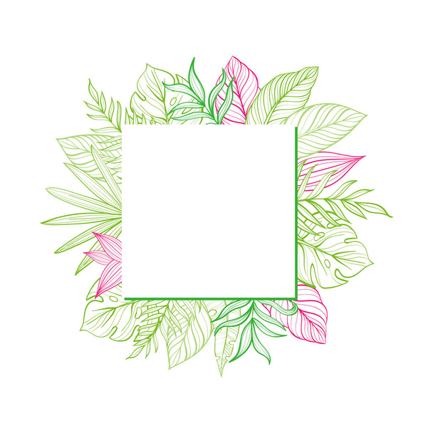 Postcard template with tropical leaves. Linear illustration. Hand-drawn picture. Vector - Вектор, зображення