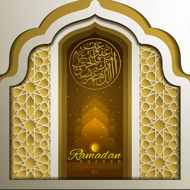 Ramadán Kareem con hermoso patrón de línea de saludo brillante caligrafía árabe y hermosa mezquita para la tarjeta de felicitación de fondo. traducción del texto: Que la generosidad te bendiga durante el mes santo
 - Vector, Imagen