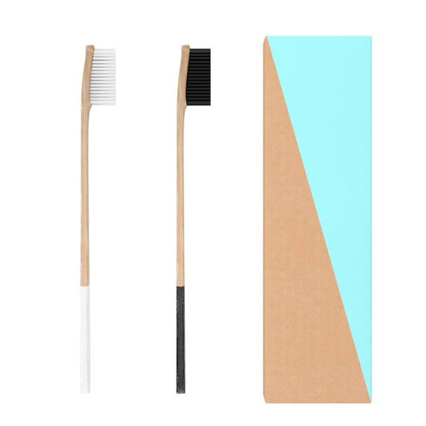 Cepillo de dientes de bambú de madera con caja de cartón. 3d rend
 - Foto, Imagen