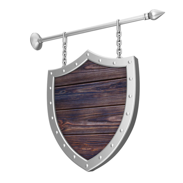 Escudo en forma de letrero de madera oxidada con cadenas. Renderizado 3d
 - Foto, imagen