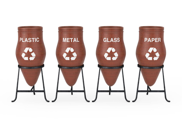 Hliněné popelnice s odpadkovým znaménkem a tříděním odpadu. prostorové rend - Fotografie, Obrázek